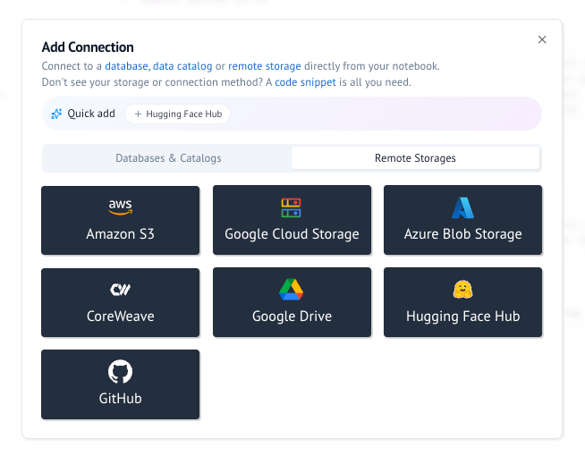 Add a storage connection through the UI